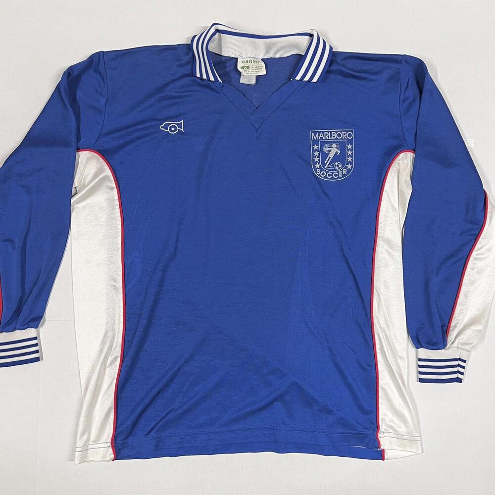 VTG Cannon Soccer Jersey Shirt “Marlboro” #2 Blue Made in USA sz XL Peter Green